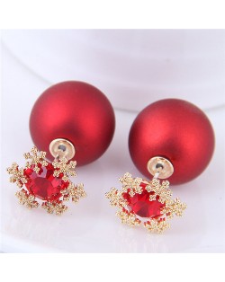 Shining Cubic Zirconia Snow Flake Decorated Matting Texture Ball Fashion Earrings - Red