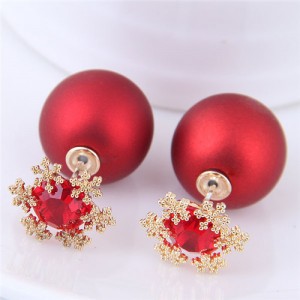 Shining Cubic Zirconia Snow Flake Decorated Matting Texture Ball Fashion Earrings - Red