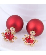 Shining Cubic Zirconia Snow Flake Decorated Matting Texture Ball Fashion Earrings - Red