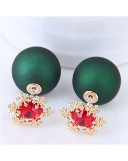 Shining Cubic Zirconia Snow Flake Decorated Matting Texture Ball Fashion Earrings - Green
