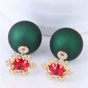 Shining Cubic Zirconia Snow Flake Decorated Matting Texture Ball Fashion Earrings - Green
