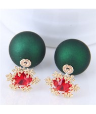 Shining Cubic Zirconia Snow Flake Decorated Matting Texture Ball Fashion Earrings - Green
