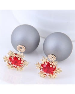 Shining Cubic Zirconia Snow Flake Decorated Matting Texture Ball Fashion Earrings - Gray