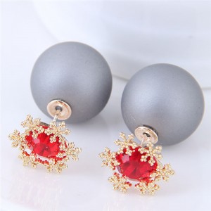Shining Cubic Zirconia Snow Flake Decorated Matting Texture Ball Fashion Earrings - Gray