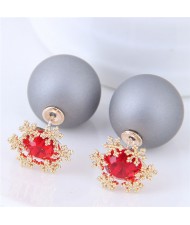 Shining Cubic Zirconia Snow Flake Decorated Matting Texture Ball Fashion Earrings - Gray