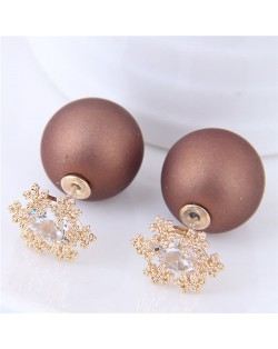 Shining Cubic Zirconia Snow Flake Decorated Matting Texture Ball Fashion Earrings - Brown
