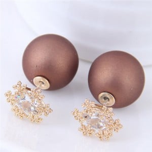 Shining Cubic Zirconia Snow Flake Decorated Matting Texture Ball Fashion Earrings - Brown