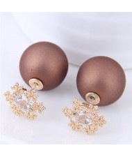 Shining Cubic Zirconia Snow Flake Decorated Matting Texture Ball Fashion Earrings - Brown