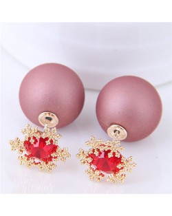 Shining Cubic Zirconia Snow Flake Decorated Matting Texture Ball Fashion Earrings - Dark Pink