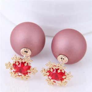 Shining Cubic Zirconia Snow Flake Decorated Matting Texture Ball Fashion Earrings - Dark Pink