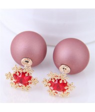 Shining Cubic Zirconia Snow Flake Decorated Matting Texture Ball Fashion Earrings - Dark Pink