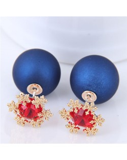 Shining Cubic Zirconia Snow Flake Decorated Matting Texture Ball Fashion Earrings - Blue
