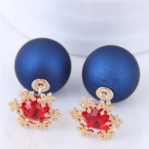 Shining Cubic Zirconia Snow Flake Decorated Matting Texture Ball Fashion Earrings - Blue