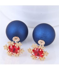 Shining Cubic Zirconia Snow Flake Decorated Matting Texture Ball Fashion Earrings - Blue