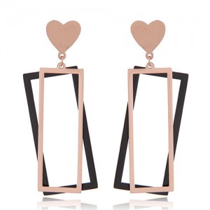 Dual Oblongs Heart Fashion Titanium and Rose Gold Stud Earrings