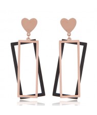 Dual Oblongs Heart Fashion Titanium and Rose Gold Stud Earrings