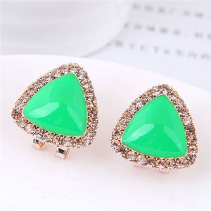 Rhinestone Rimmed Green Oil-spot Glazed Cute Triangle Fashion Earrings