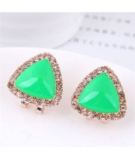 Rhinestone Rimmed Green Oil-spot Glazed Cute Triangle Fashion Earrings