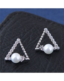 Cubic Zirconia Embellished Pearl Fashion Copper Triangle Earrings