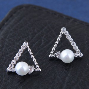 Cubic Zirconia Embellished Pearl Fashion Copper Triangle Earrings