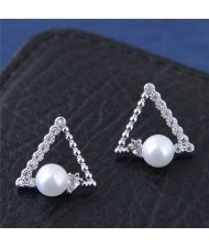 Cubic Zirconia Embellished Pearl Fashion Copper Triangle Earrings