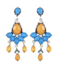 Rhinestones and Acrylic Gems Embellished Resplendent Floral Waterdrops Design Earrings - Yellow