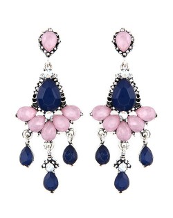 Rhinestones and Acrylic Gems Embellished Resplendent Floral Waterdrops Design Earrings - Dark Blue