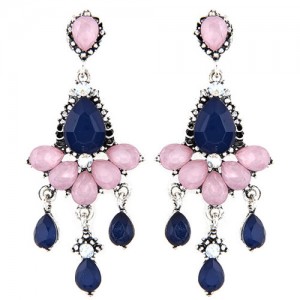 Rhinestones and Acrylic Gems Embellished Resplendent Floral Waterdrops Design Earrings - Dark Blue