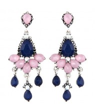 Rhinestones and Acrylic Gems Embellished Resplendent Floral Waterdrops Design Earrings - Dark Blue