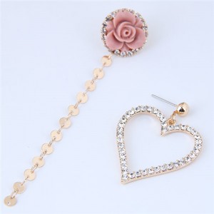 Czech Drill Inlaid Graceful Heart and Flower Asymmetric Design Fashion Earrings