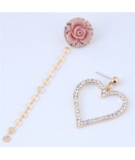Czech Drill Inlaid Graceful Heart and Flower Asymmetric Design Fashion Earrings