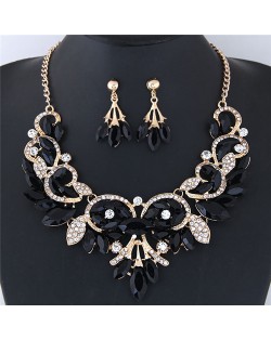 Resin Gems Embellished Glistening Floral and Vine Style Costume Necklace and Earrings Set - Black