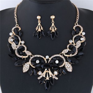 Resin Gems Embellished Glistening Floral and Vine Style Costume Necklace and Earrings Set - Black