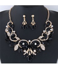 Resin Gems Embellished Glistening Floral and Vine Style Costume Necklace and Earrings Set - Black