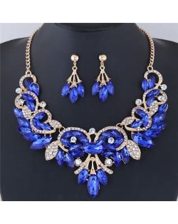 Resin Gems Embellished Glistening Floral and Vine Style Costume Necklace and Earrings Set - Blue
