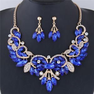 Resin Gems Embellished Glistening Floral and Vine Style Costume Necklace and Earrings Set - Blue
