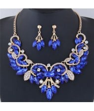 Resin Gems Embellished Glistening Floral and Vine Style Costume Necklace and Earrings Set - Blue