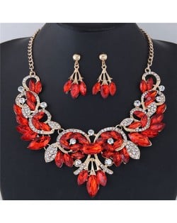 Resin Gems Embellished Glistening Floral and Vine Style Costume Necklace and Earrings Set - Red