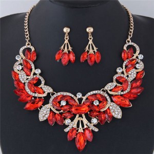 Resin Gems Embellished Glistening Floral and Vine Style Costume Necklace and Earrings Set - Red