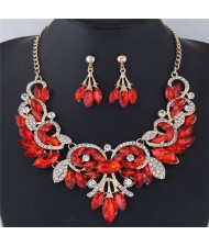 Resin Gems Embellished Glistening Floral and Vine Style Costume Necklace and Earrings Set - Red