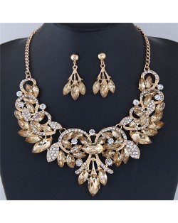 Resin Gems Embellished Glistening Floral and Vine Style Costume Necklace and Earrings Set - Champagne