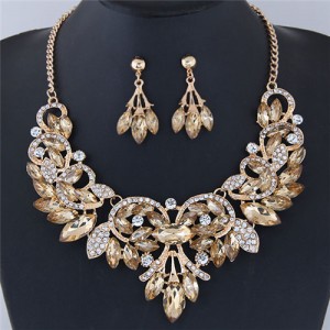 Resin Gems Embellished Glistening Floral and Vine Style Costume Necklace and Earrings Set - Champagne