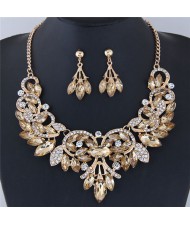 Resin Gems Embellished Glistening Floral and Vine Style Costume Necklace and Earrings Set - Champagne