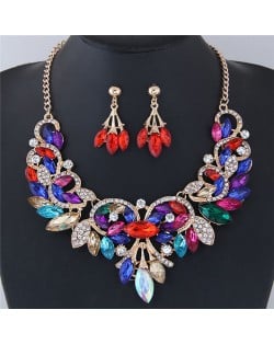 Resin Gems Embellished Glistening Floral and Vine Style Costume Necklace and Earrings Set - Multicolor