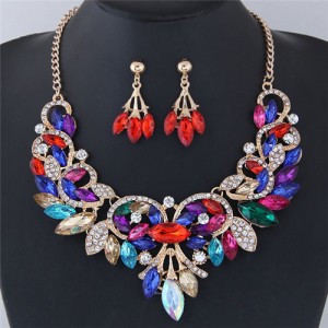 Resin Gems Embellished Glistening Floral and Vine Style Costume Necklace and Earrings Set - Multicolor