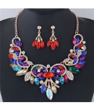 Resin Gems Embellished Glistening Floral and Vine Style Costume Necklace and Earrings Set - Multicolor