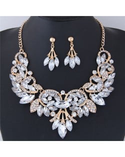 Resin Gems Embellished Glistening Floral and Vine Style Costume Necklace and Earrings Set - Transparent