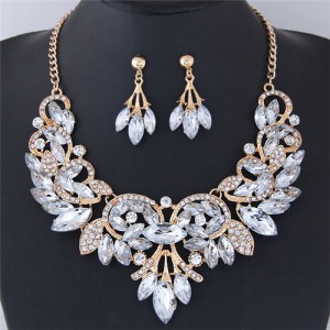 Resin Gems Embellished Glistening Floral and Vine Style Costume Necklace and Earrings Set - Transparent