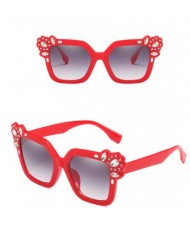 Gems Embellished Frame Women High Fashion Sunglasses - Red
