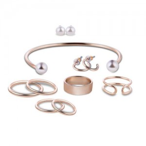Pearl Fashion Assorted Rings Earrings and Bracelet 9 pcs Costume Jewelry Set